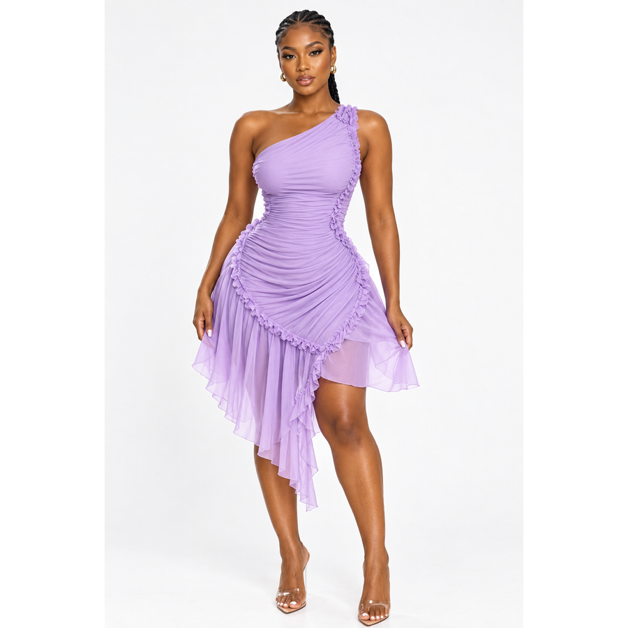 One-Shoulder Asymmetrical Ruched Bold Evening Statement Dress