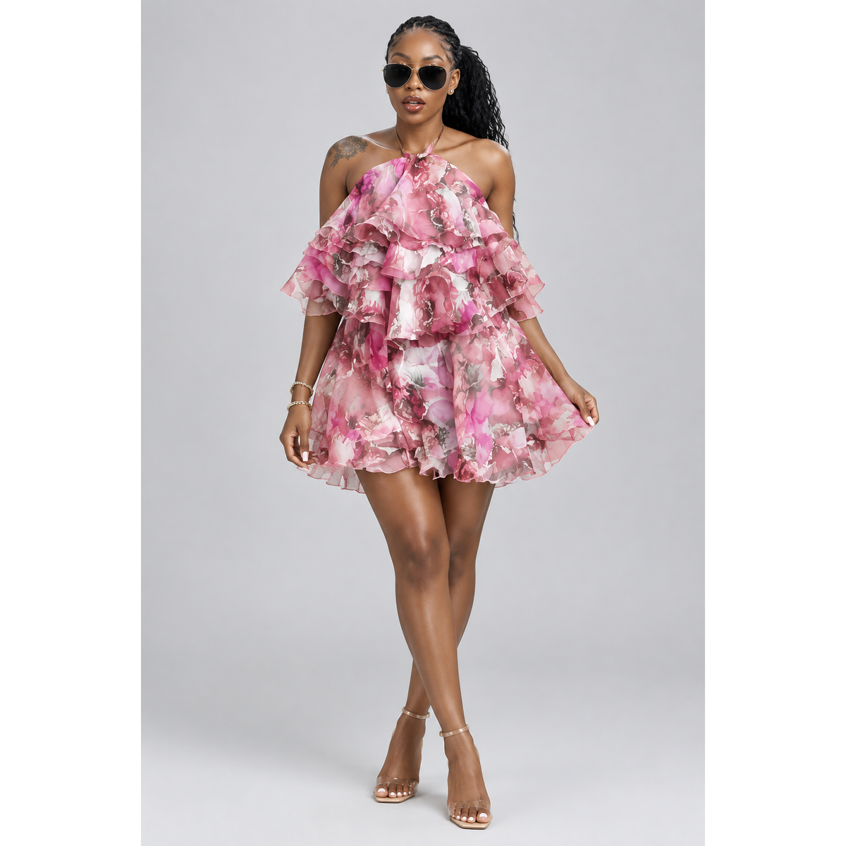 Floral Halter Neck Pleated Chiffon Mini Dress