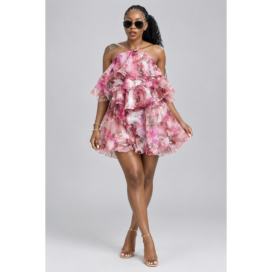Floral Halter Neck Pleated Chiffon Mini Dress
