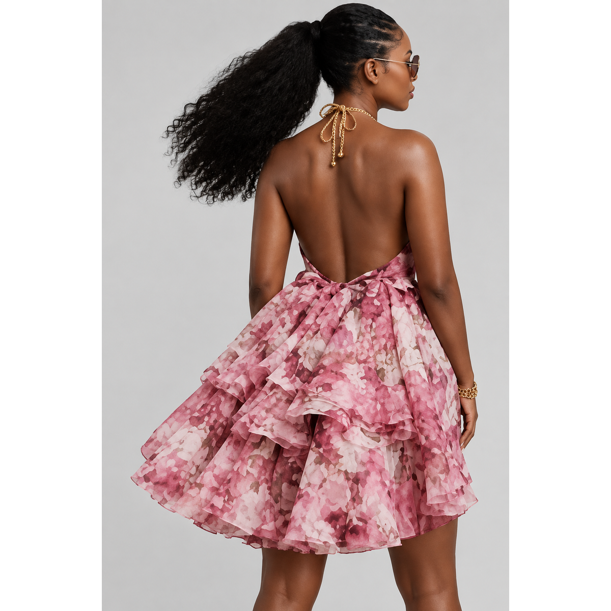 Floral Halter Neck Pleated Chiffon Mini Dress