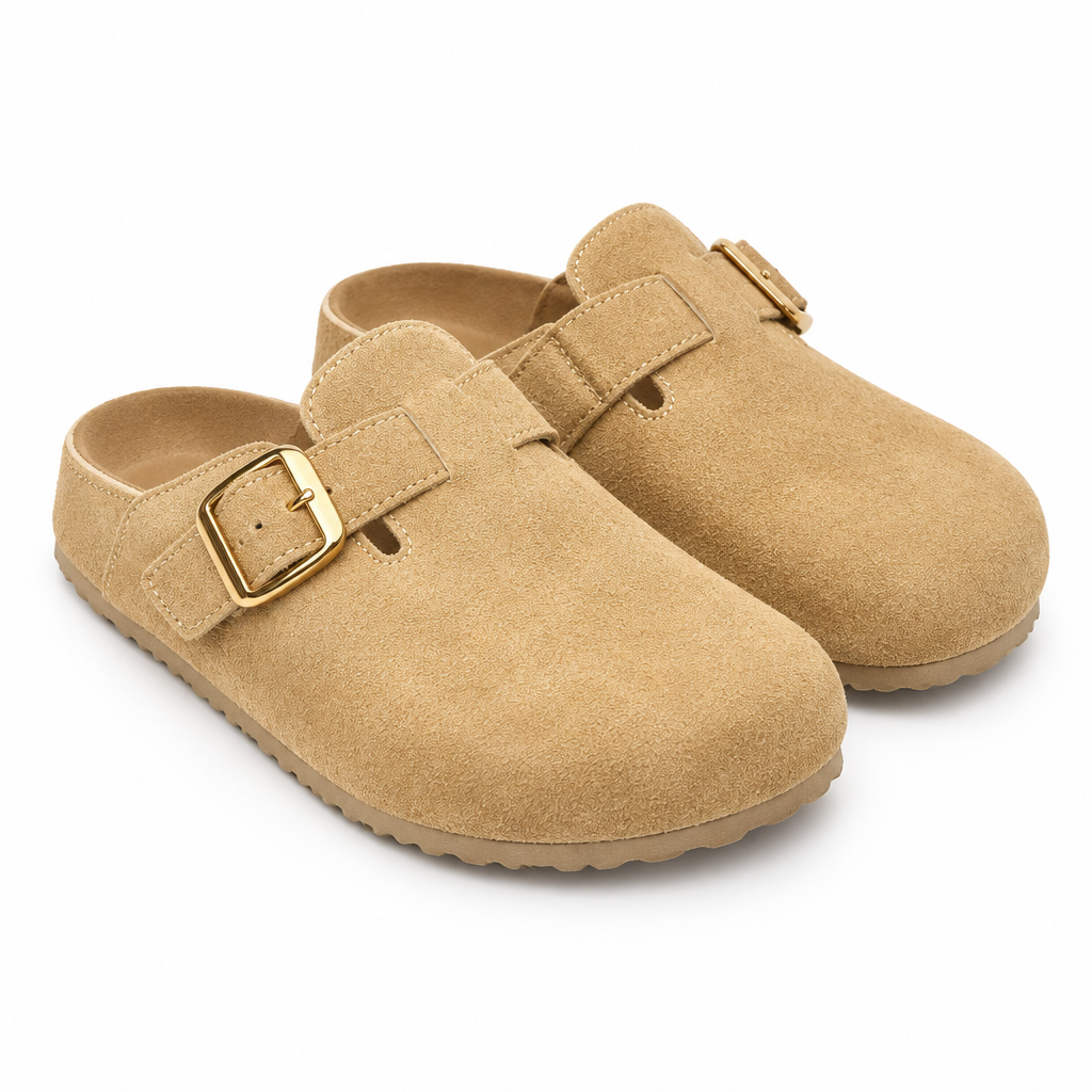 Faux-Suede Slip-On Clogs with Adjustable Buckle Strap