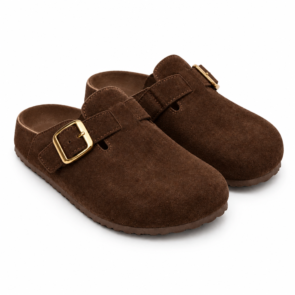 Faux-Suede Slip-On Clogs with Adjustable Buckle Strap