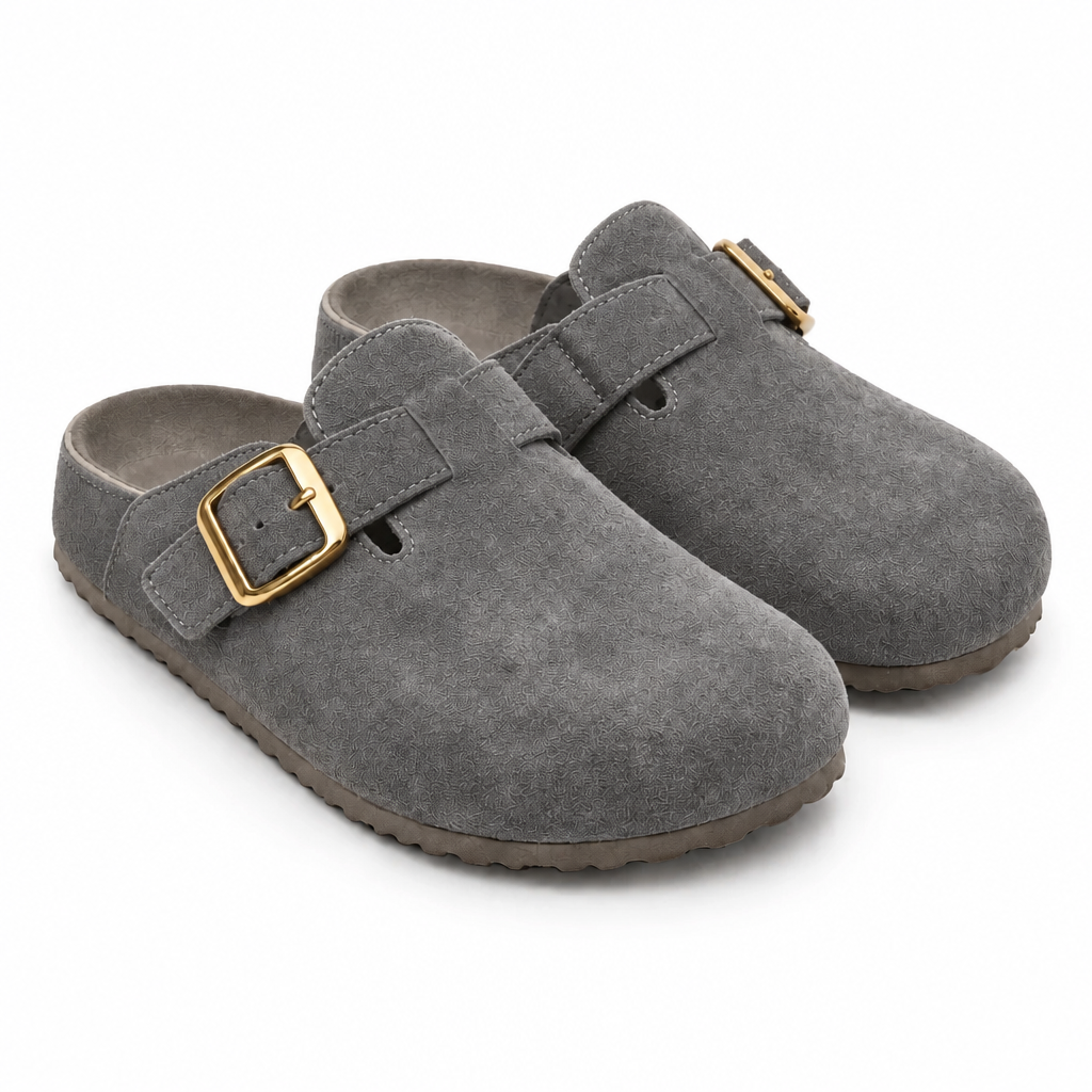 Faux-Suede Slip-On Clogs with Adjustable Buckle Strap