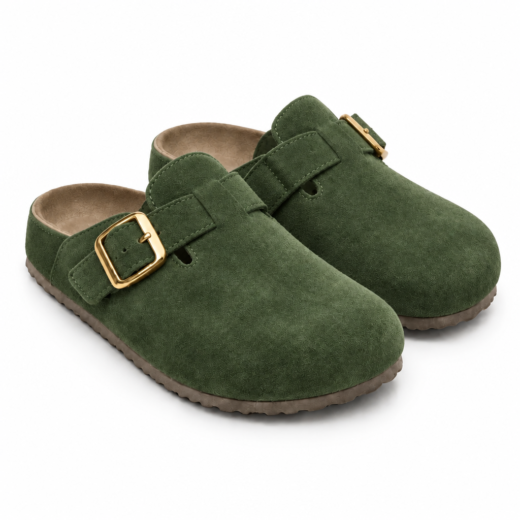 Faux-Suede Slip-On Clogs with Adjustable Buckle Strap