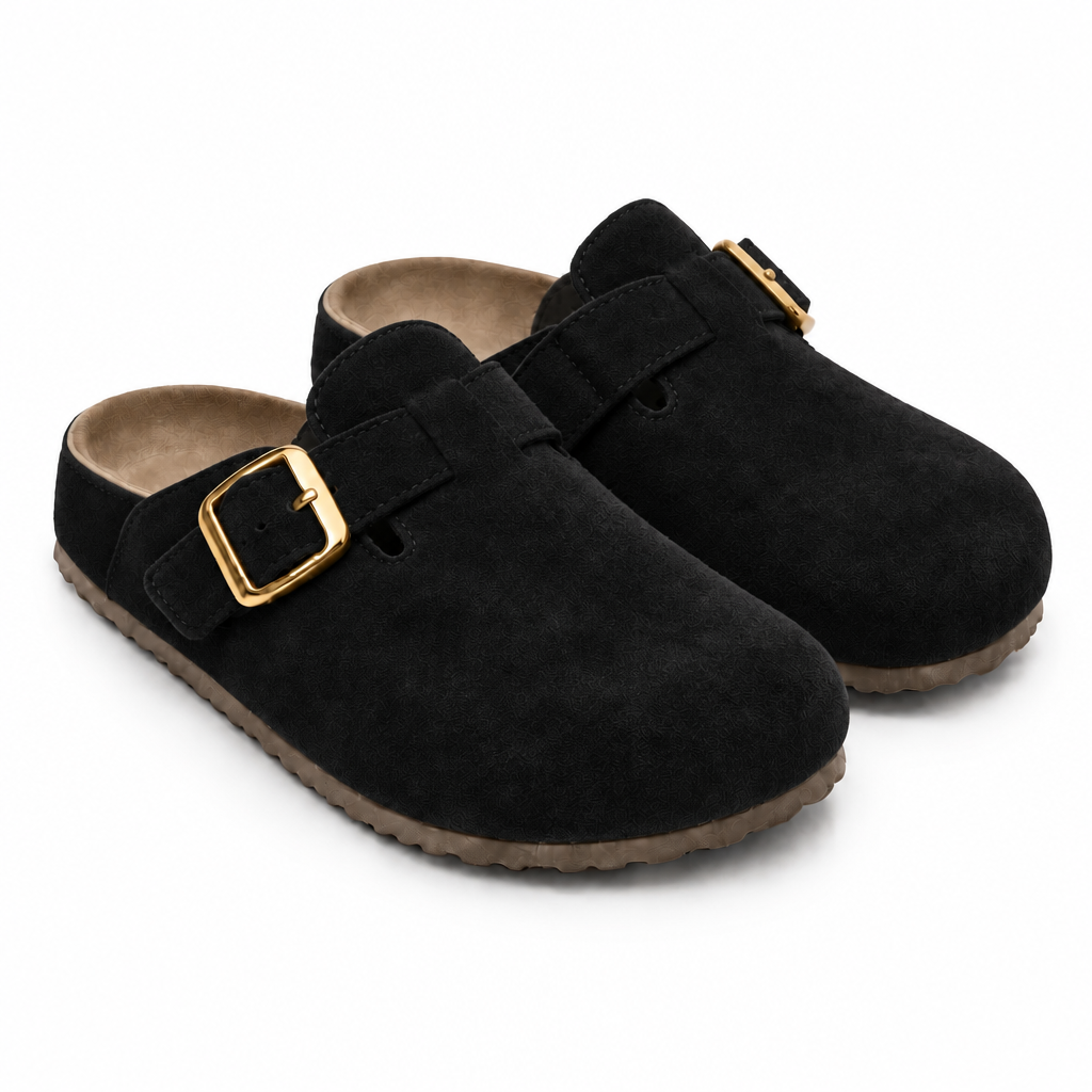 Faux-Suede Slip-On Clogs with Adjustable Buckle Strap