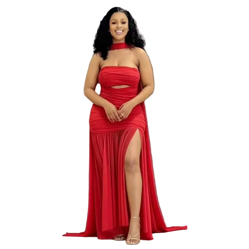 Off-Shoulder High Thigh Split Dress – Elegant Evening Maxi