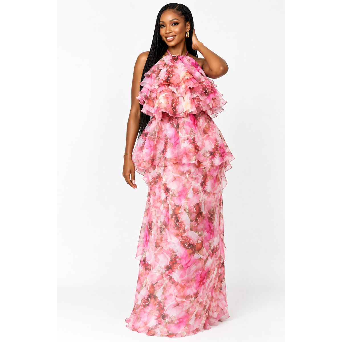 Pink Floral Halter Neck Maxi Multi-Tiered Ruffle Dress