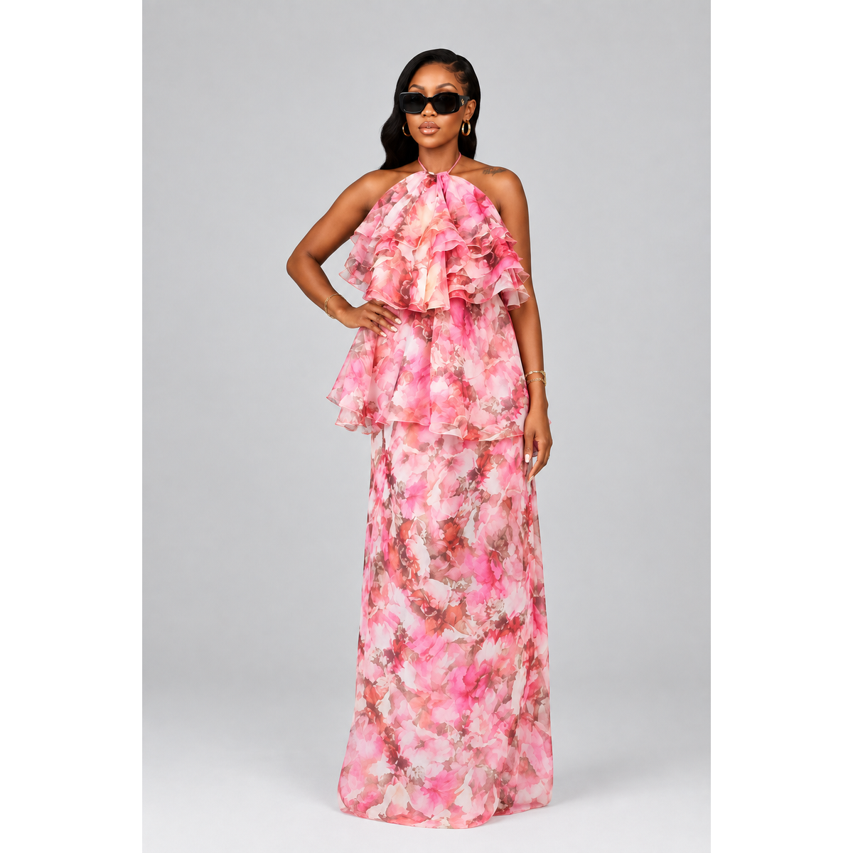 Pink Floral Halter Neck Maxi Multi-Tiered Ruffle Dress