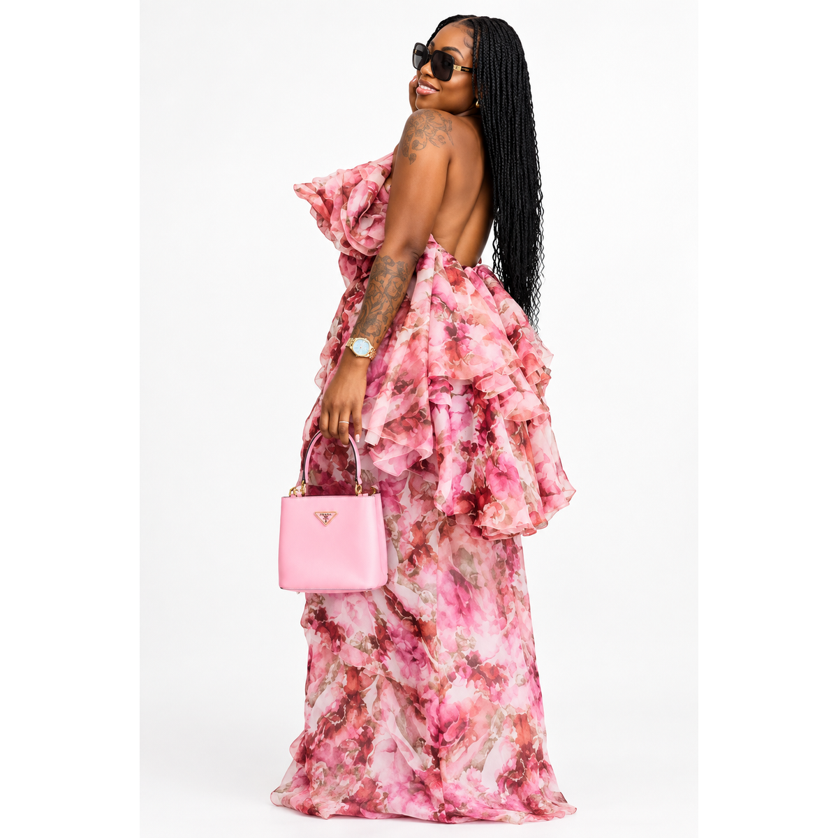 Pink Floral Halter Neck Maxi Multi-Tiered Ruffle Dress