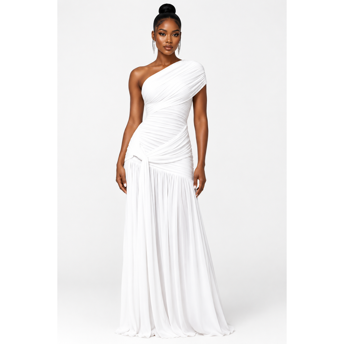 One-Shoulder Ruched Mesh Maxi Gown – Elegant Evening Dress