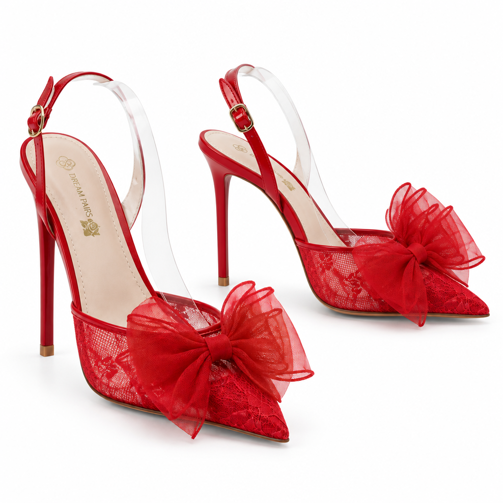 Pointed-Toe Mesh Bow Slingback Heels