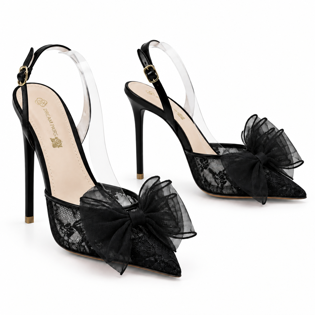 Pointed-Toe Mesh Bow Slingback Heels