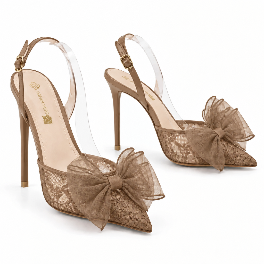 Pointed-Toe Mesh Bow Slingback Heels