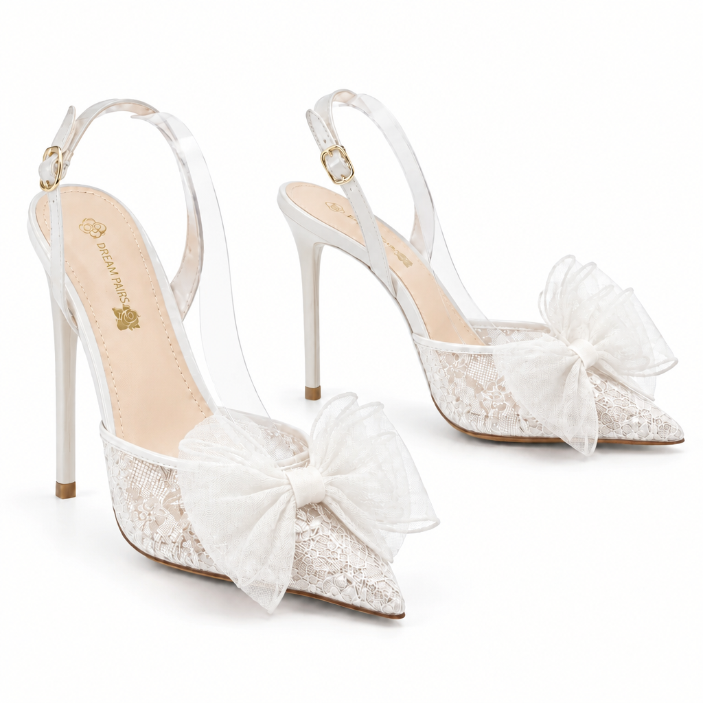 Pointed-Toe Mesh Bow Slingback Heels