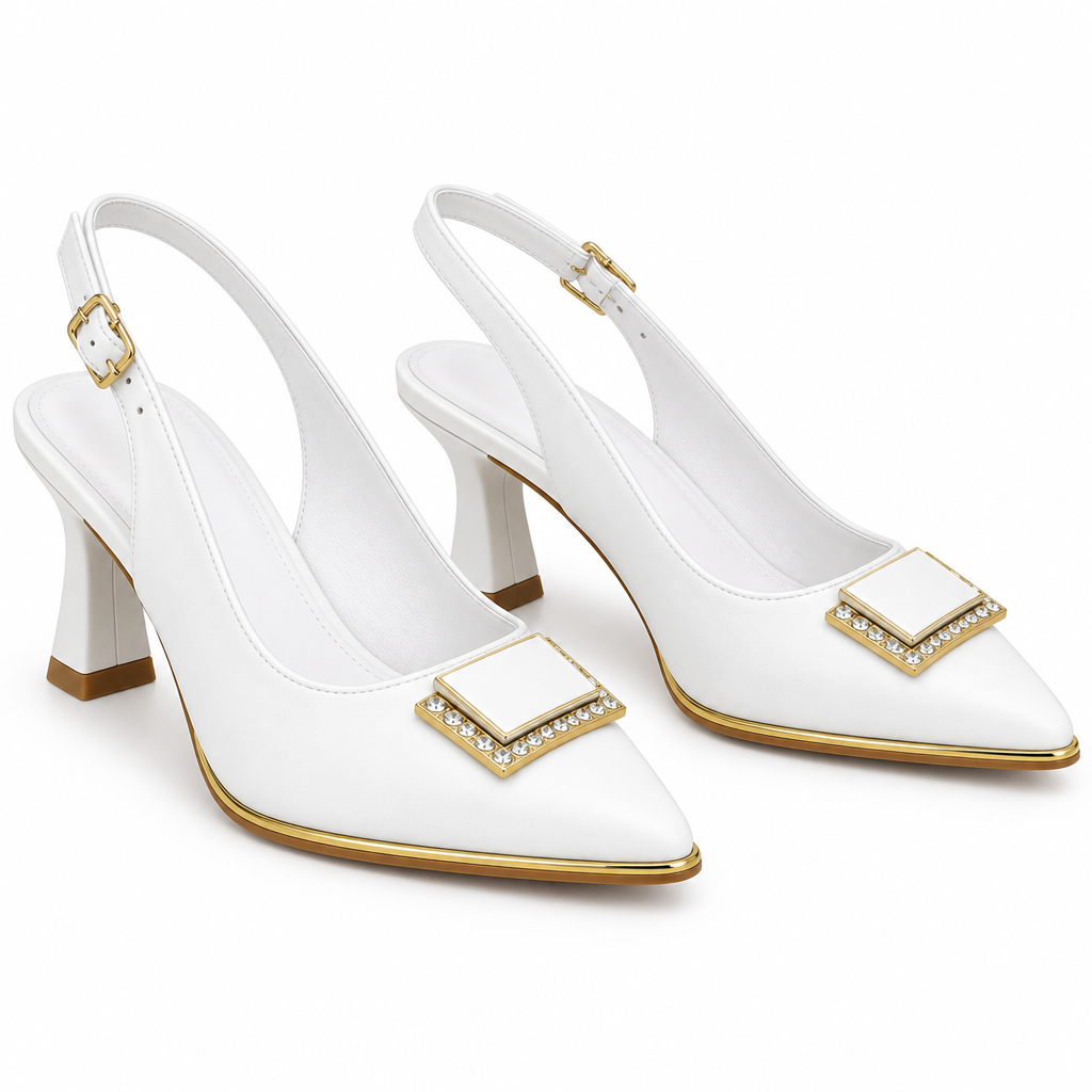 Pointed-Toe Slingback Kitten Heels with Square Metallic Buckle