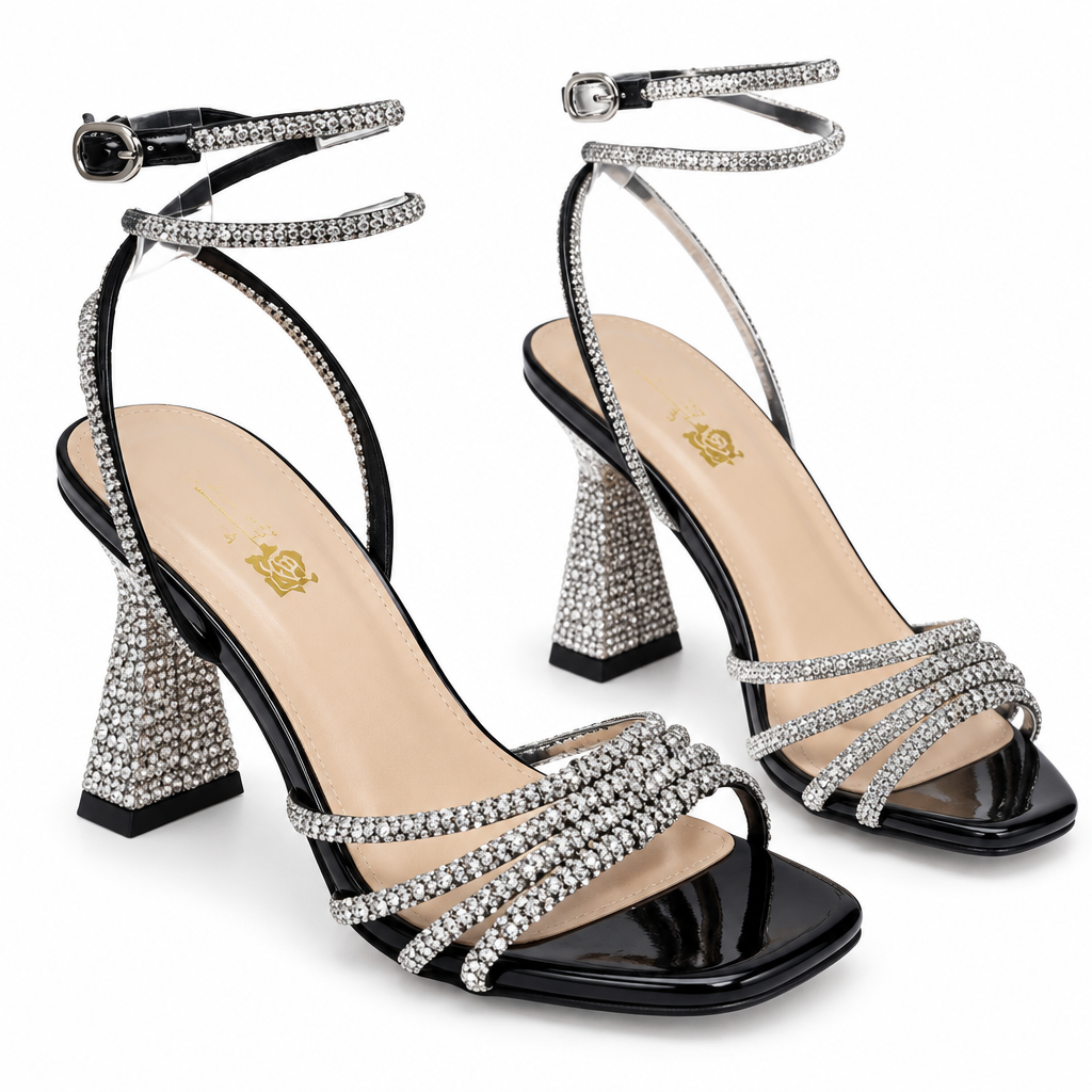 Rhinestone Strappy Sandals with Flared Block Heel