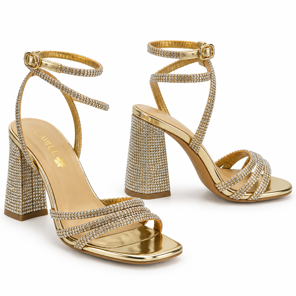 Rhinestone Strappy Sandals with Flared Block Heel