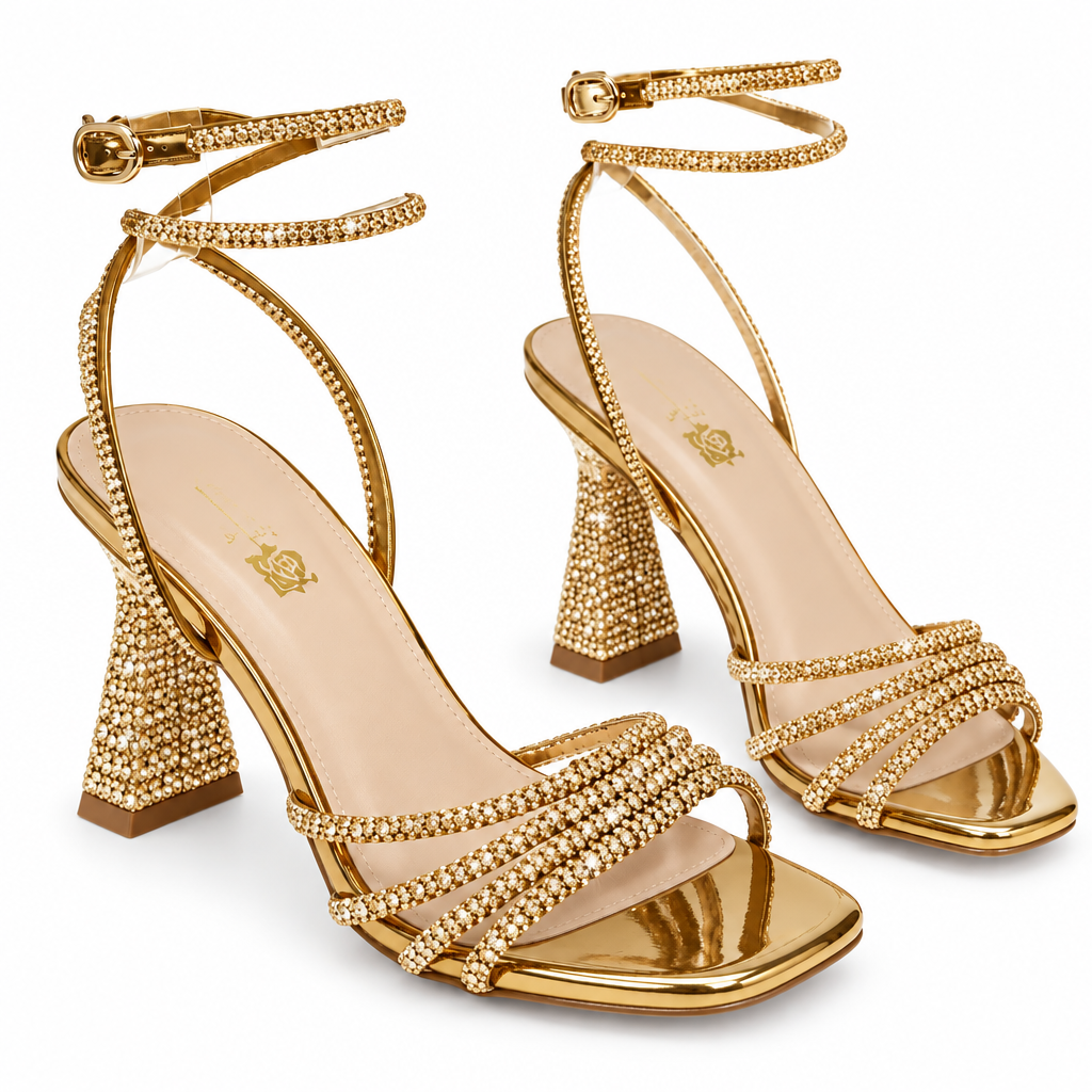 Rhinestone Strappy Sandals with Flared Block Heel