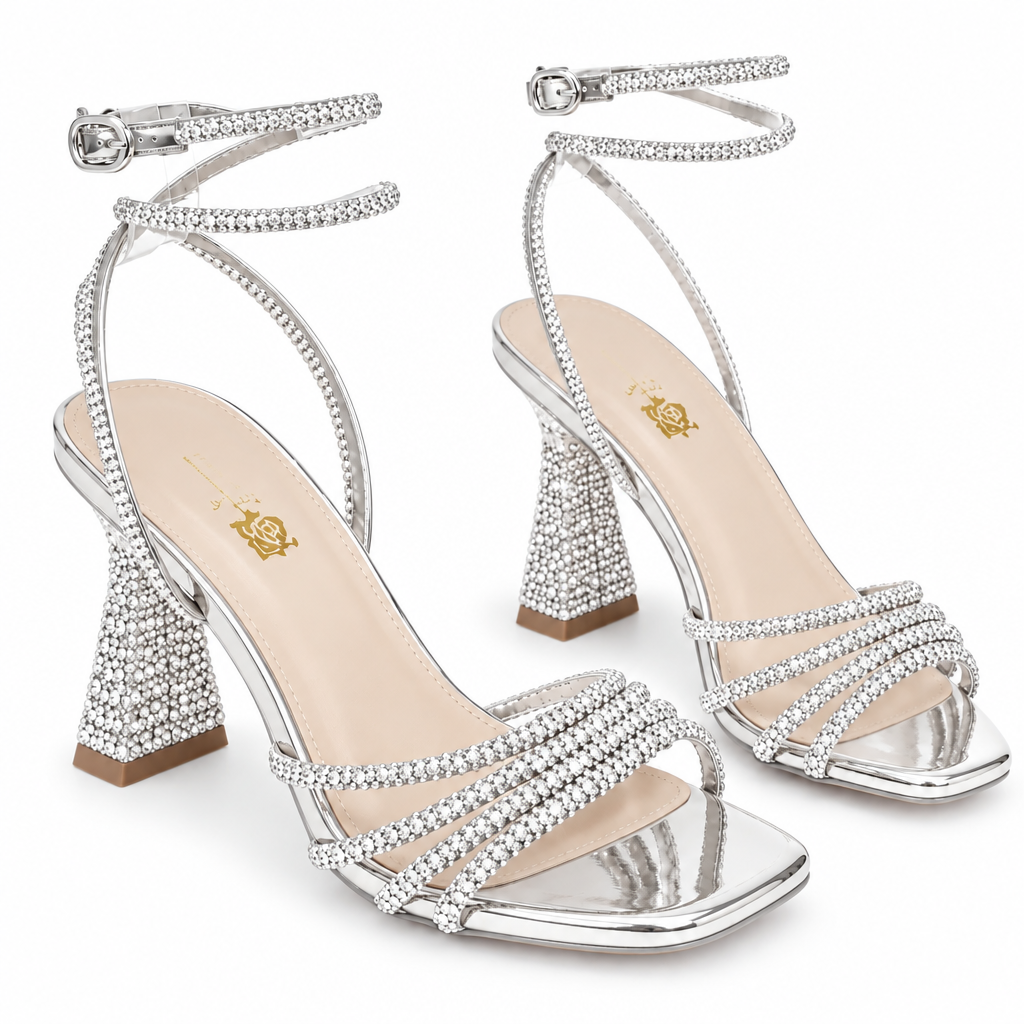 Rhinestone Strappy Sandals with Flared Block Heel