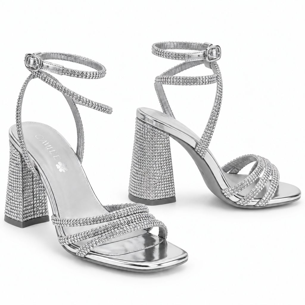 Rhinestone Strappy Sandals with Flared Block Heel
