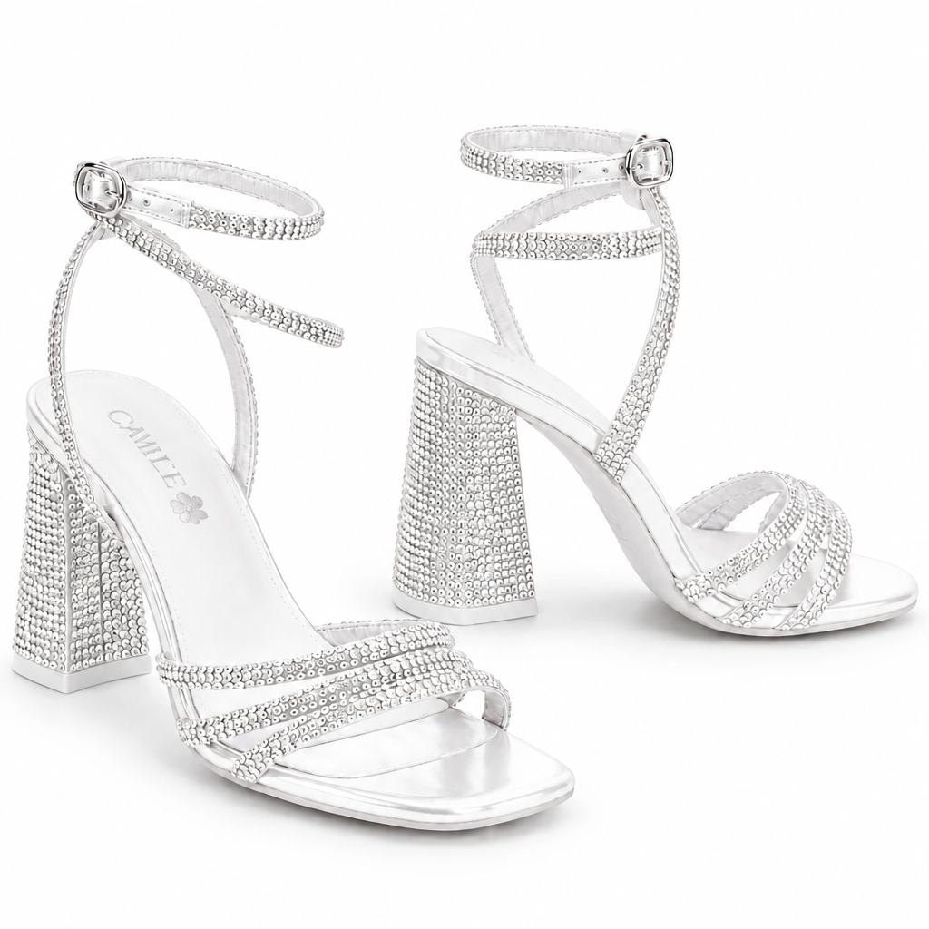 Rhinestone Strappy Sandals with Flared Block Heel