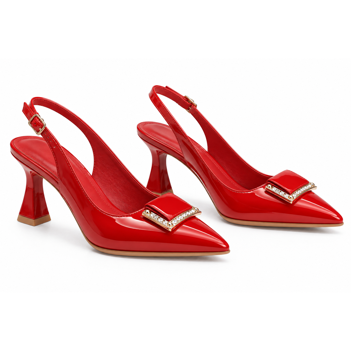 Pointed-Toe Slingback Kitten Heels with Square Metallic Buckle