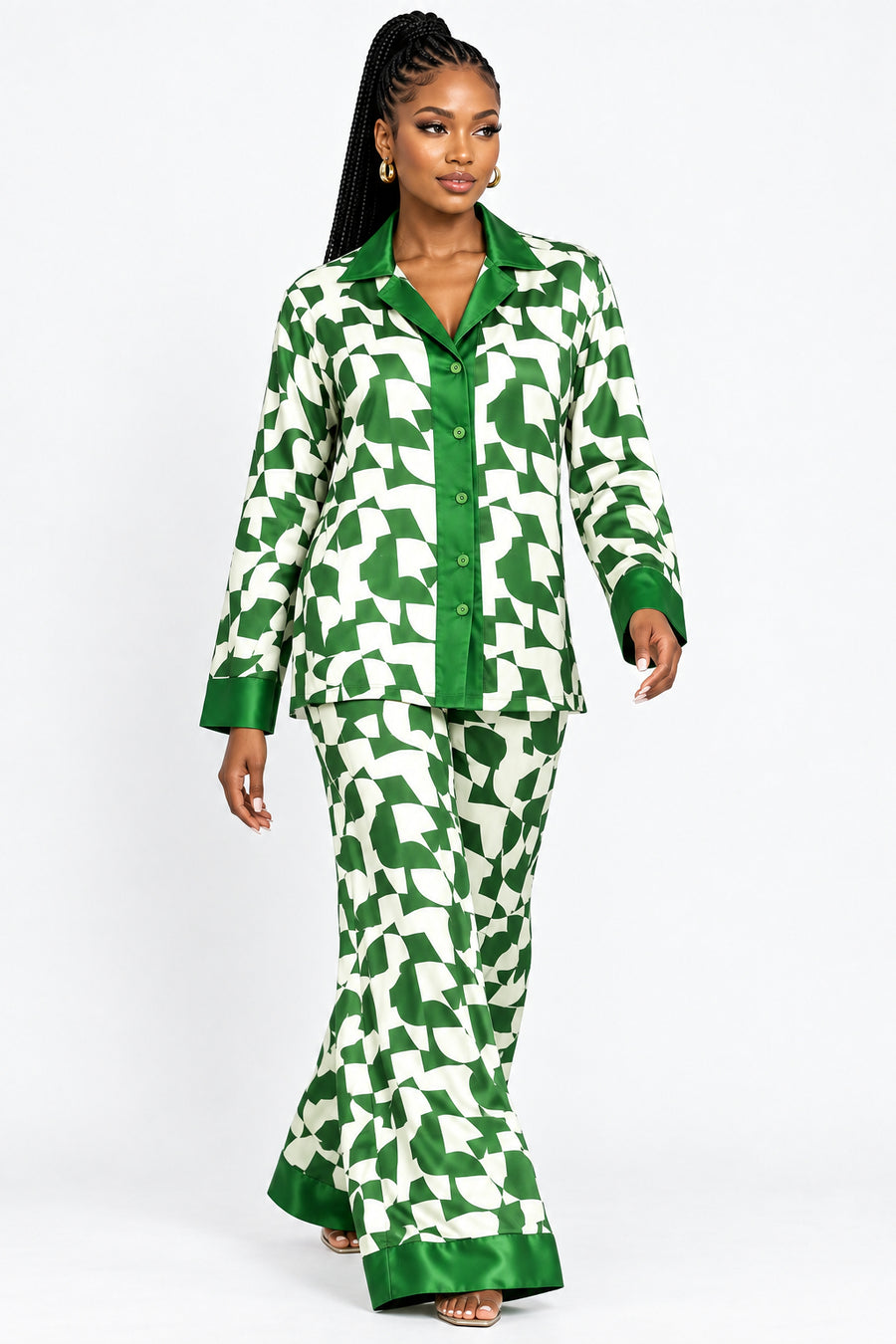 Women's Printed Satin Pajama Set – Long Sleeve Button-Up Top & Pants