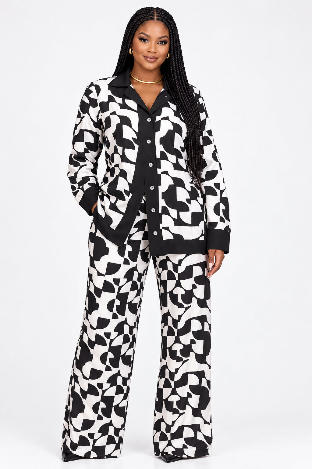 Women's Printed Satin Pajama Set – Long Sleeve Button-Up Top & Pants