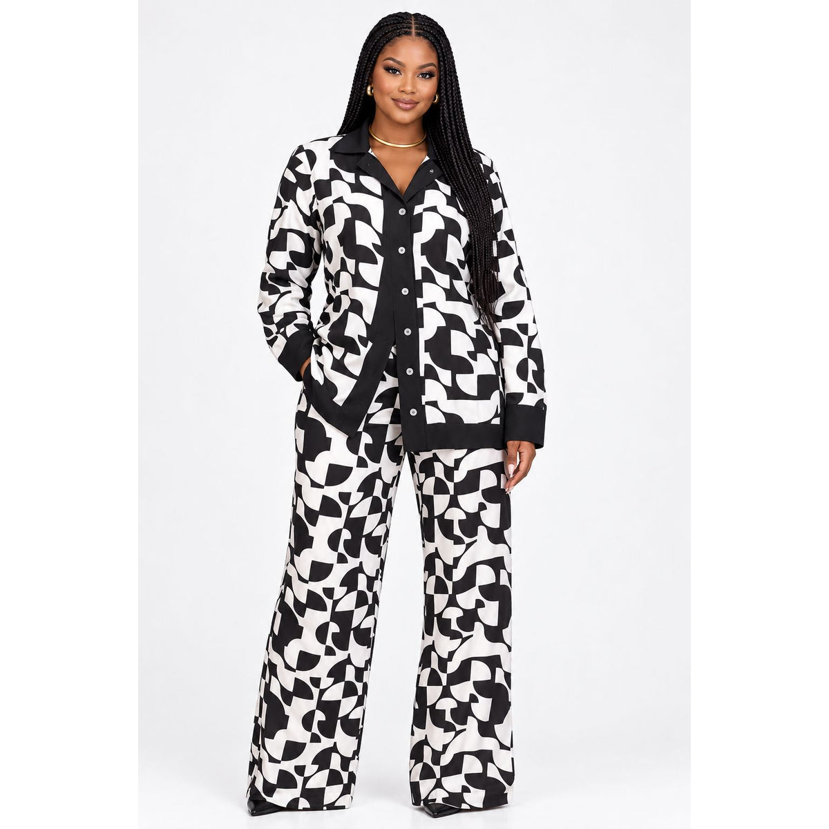 Women's Printed Satin Pyjama Set with Long-Sleeve Top