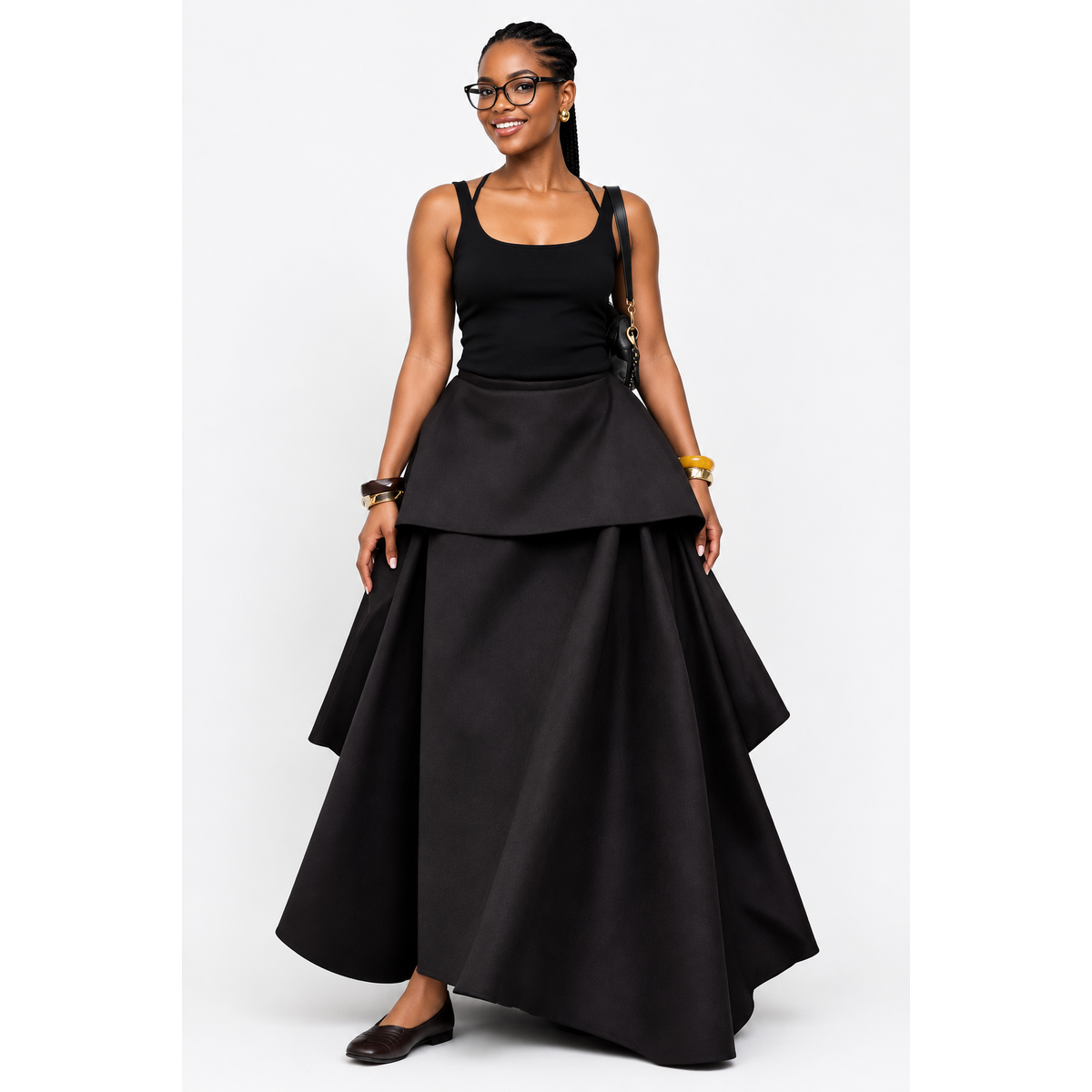 Plaid High-Low Tiered Midi Skirt