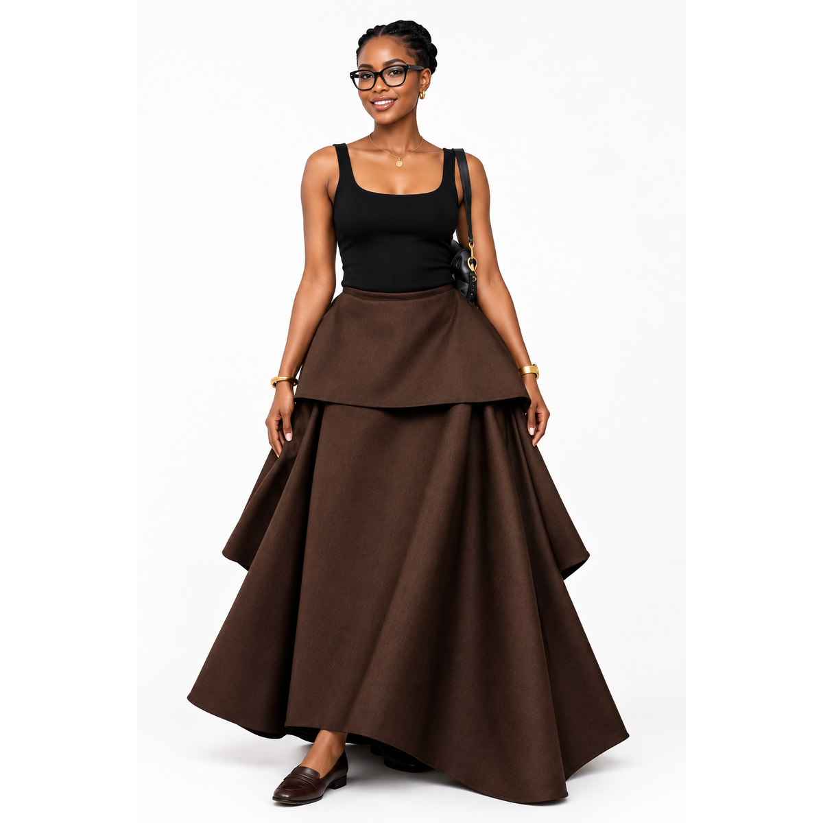 Plaid High-Low Tiered Midi Skirt