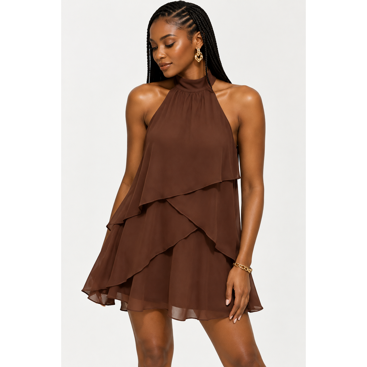 Halter-Neck Tiered Ruffle Mini Dress