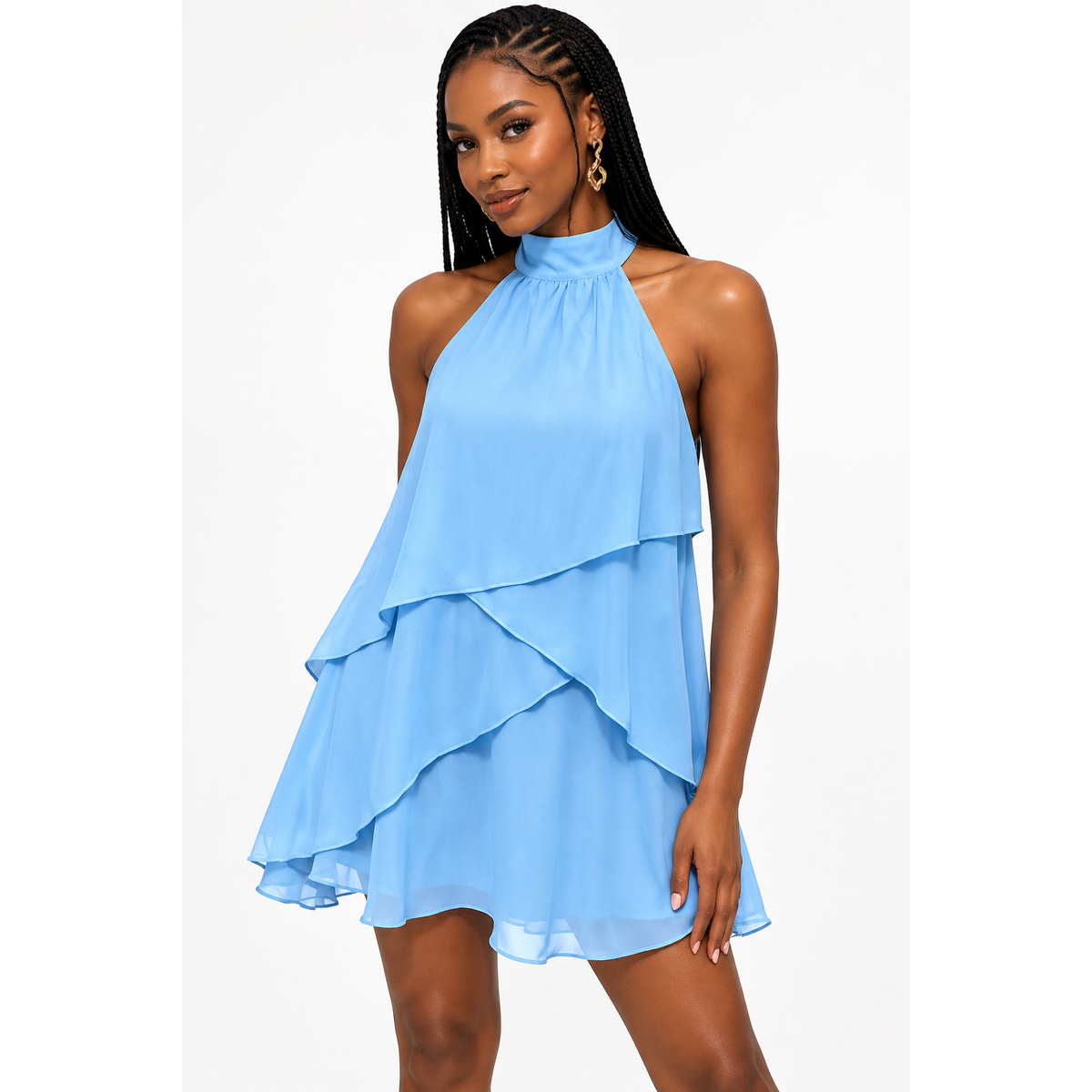 Halter-Neck Tiered Ruffle Mini Dress