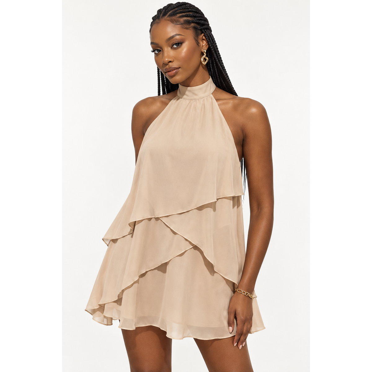 Halter-Neck Tiered Ruffle Mini Dress