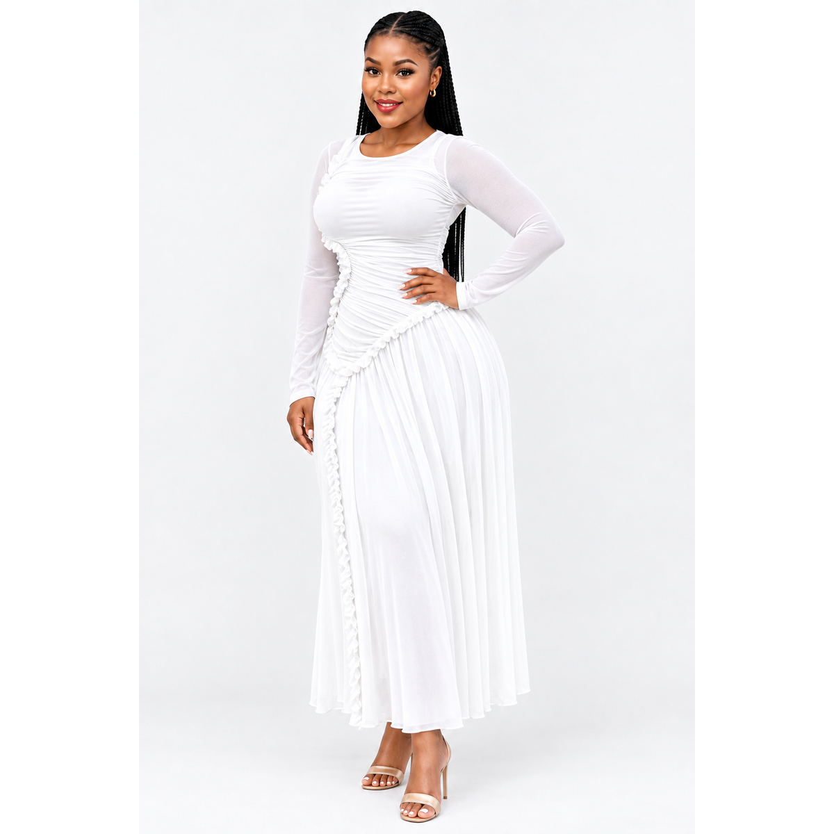 Long-Sleeve Round-Neck A-Line Maxi Dress