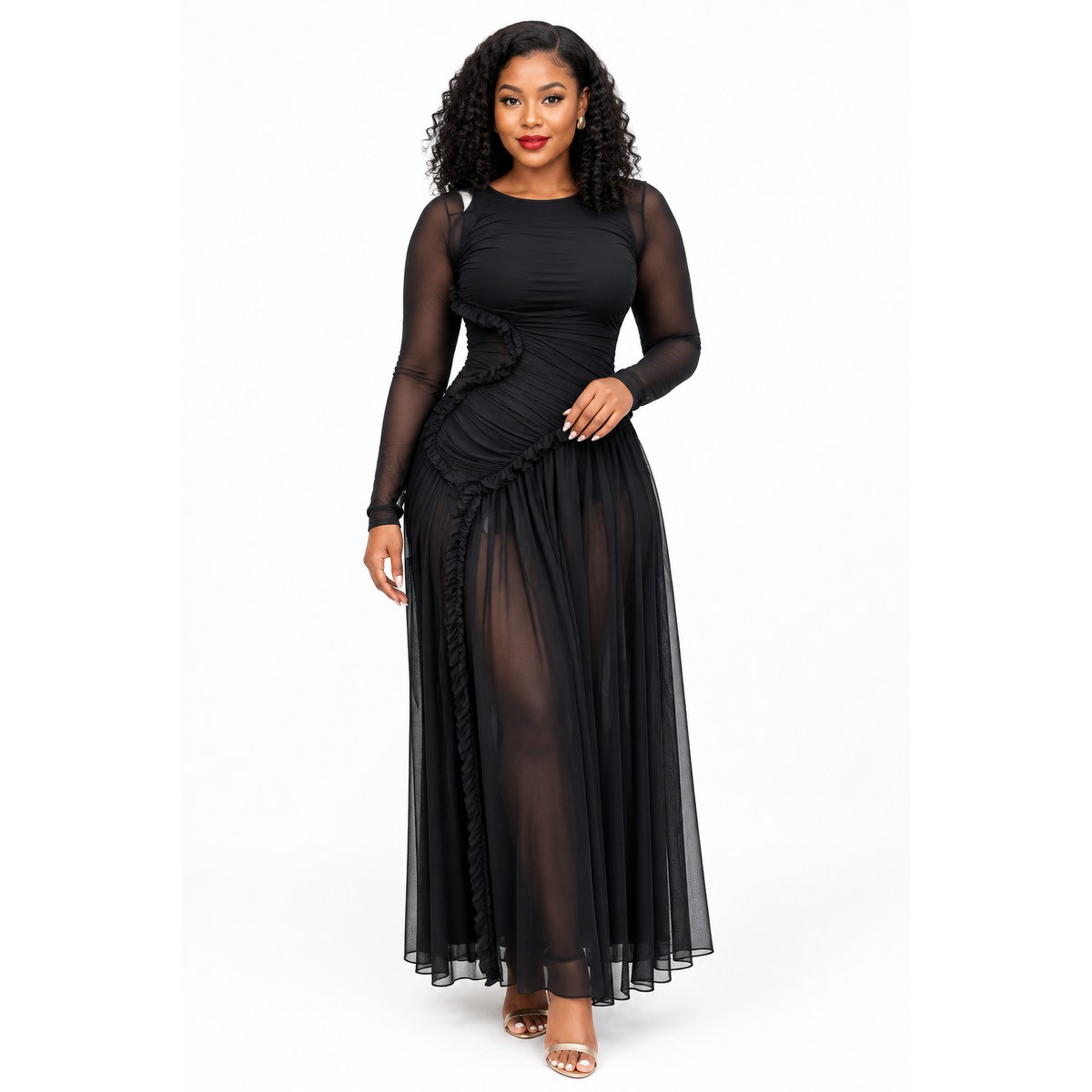 Long-Sleeve Round-Neck A-Line Maxi Dress