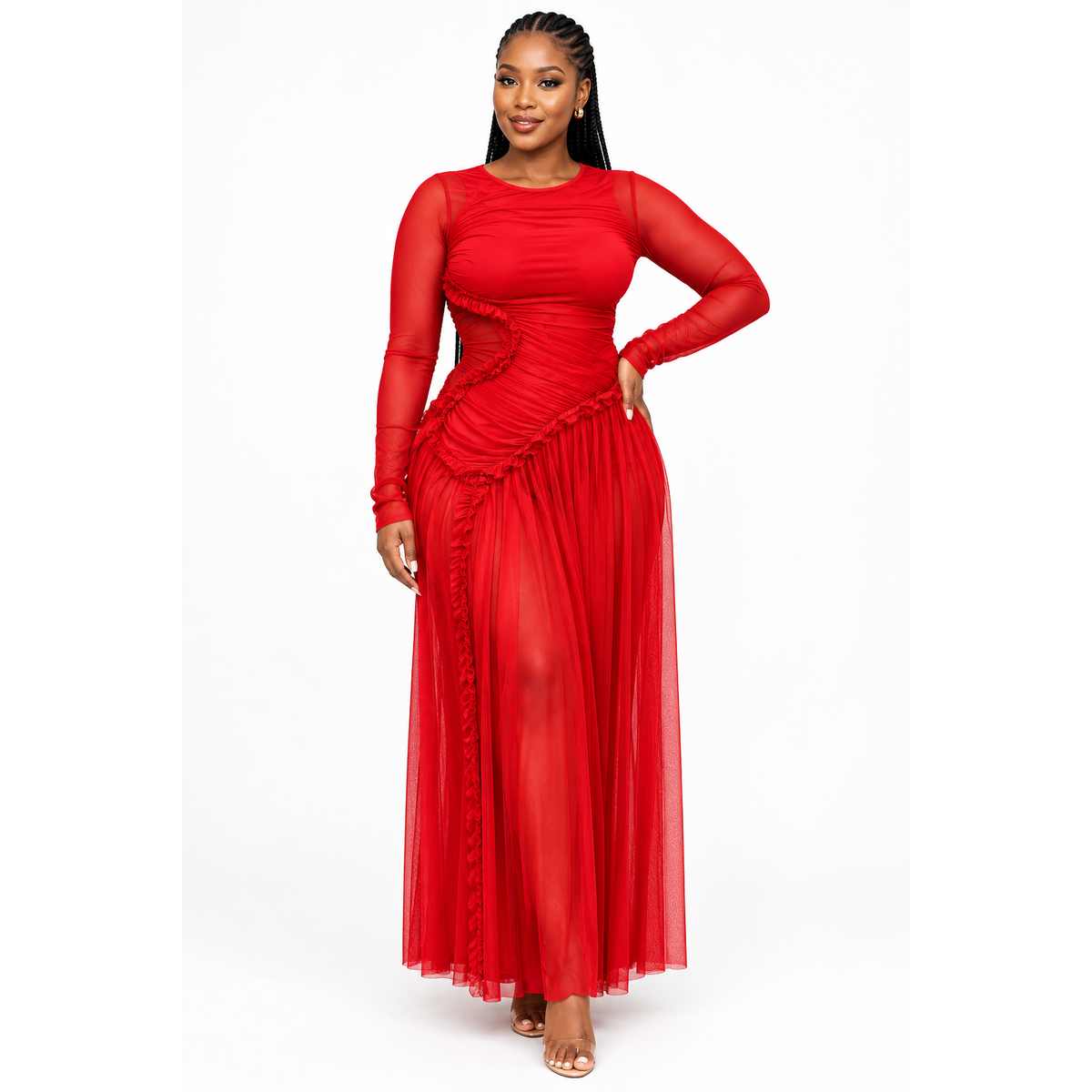 Long-Sleeve Round-Neck A-Line Maxi Dress