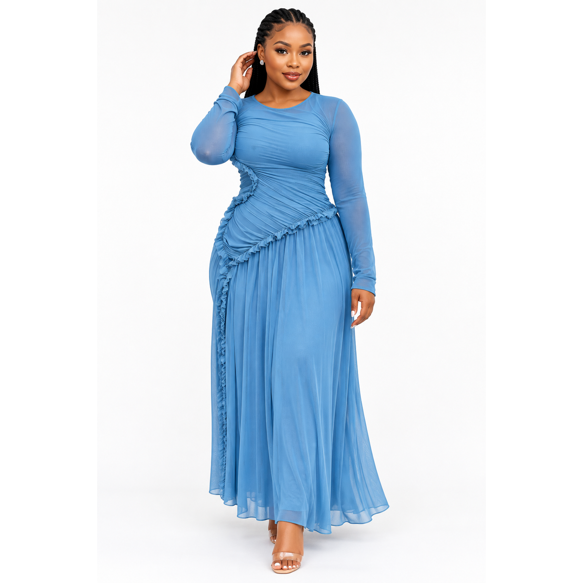 Long-Sleeve Round-Neck A-Line Maxi Dress