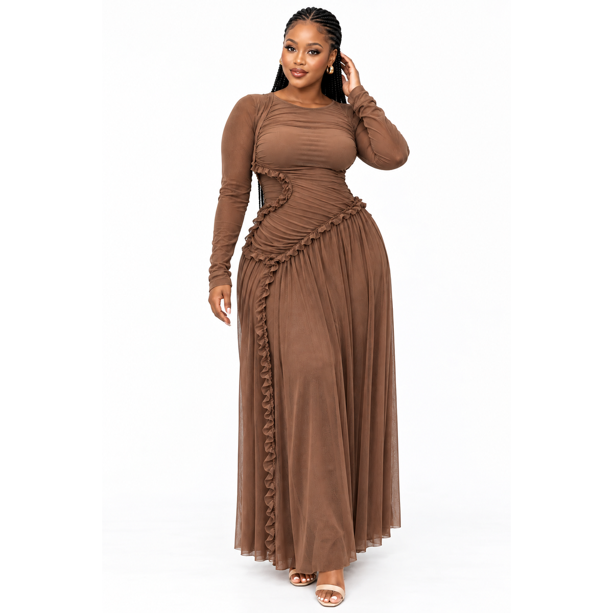 Long-Sleeve Round-Neck A-Line Maxi Dress