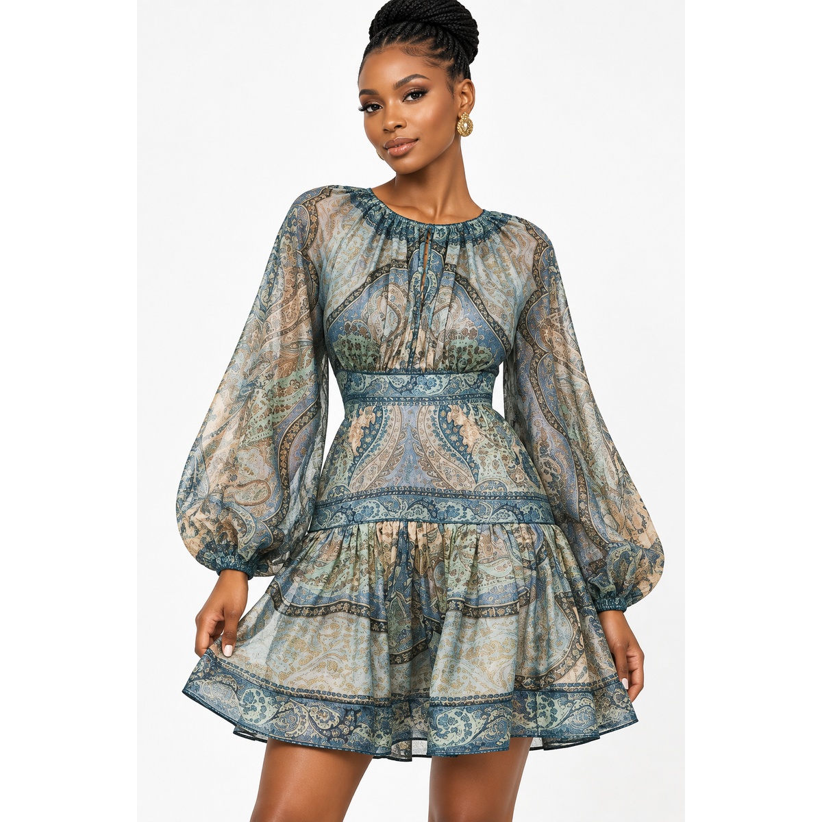 Paisley Print Long Sleeve Cotton-Silk Blend Dress