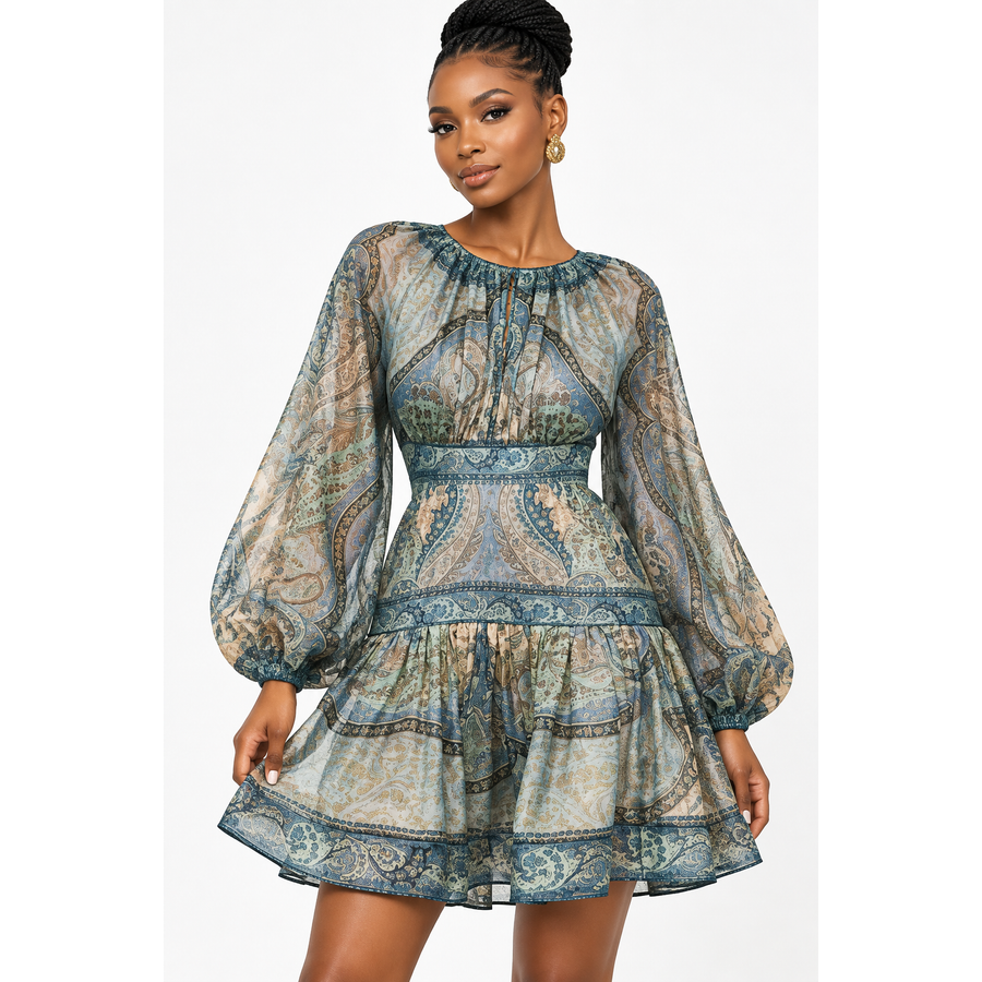 Paisley Print Long Sleeve Cotton-Silk Blend Dress