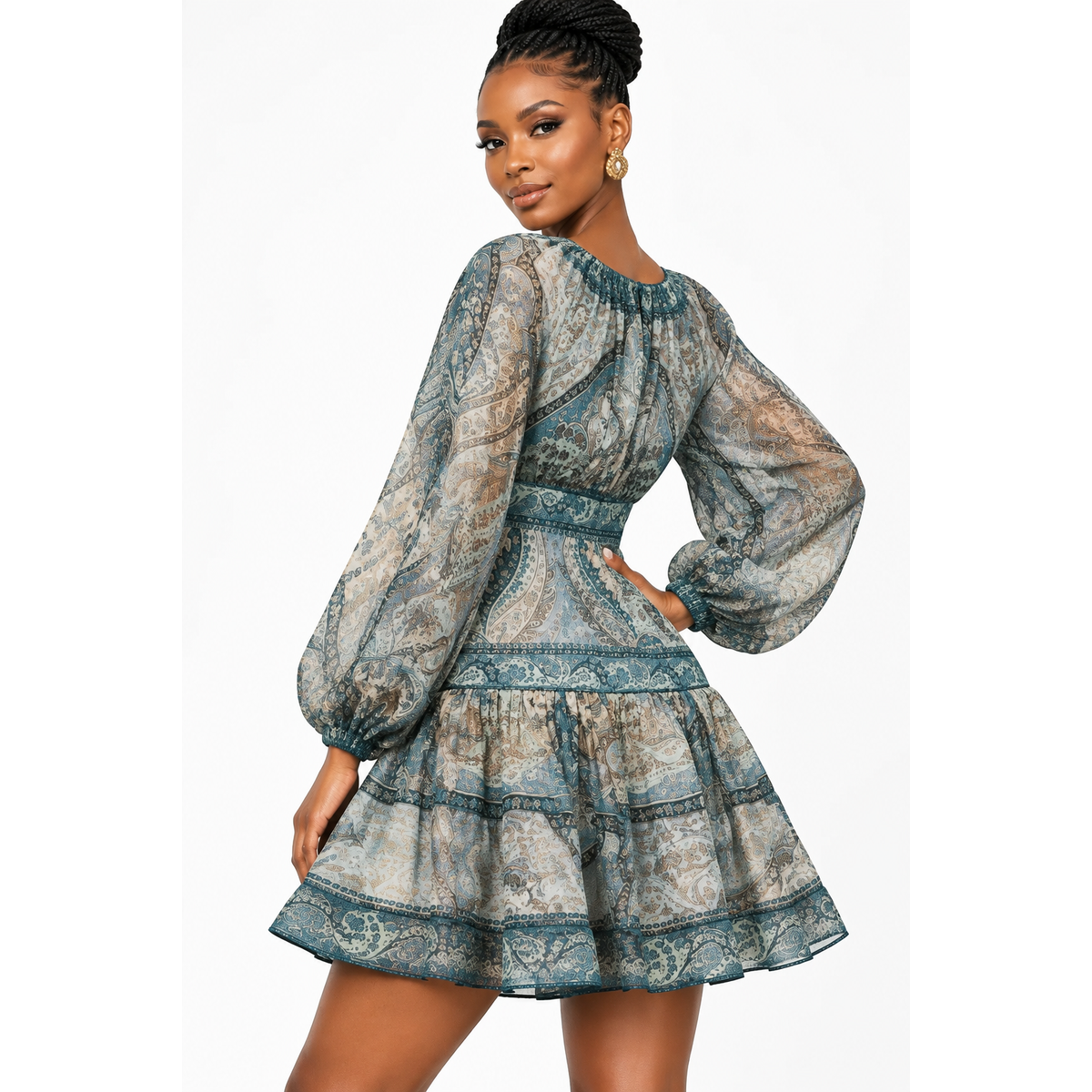 Paisley Print Long Sleeve Cotton-Silk Blend Dress