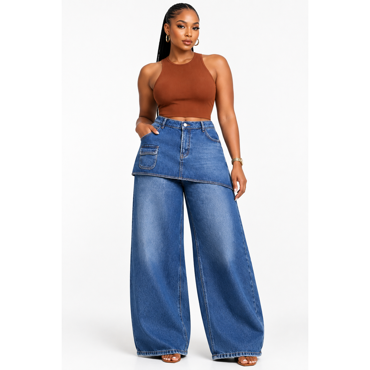 Rendy High-Waisted Barrel Jeans with Faux-Skirt Overlay