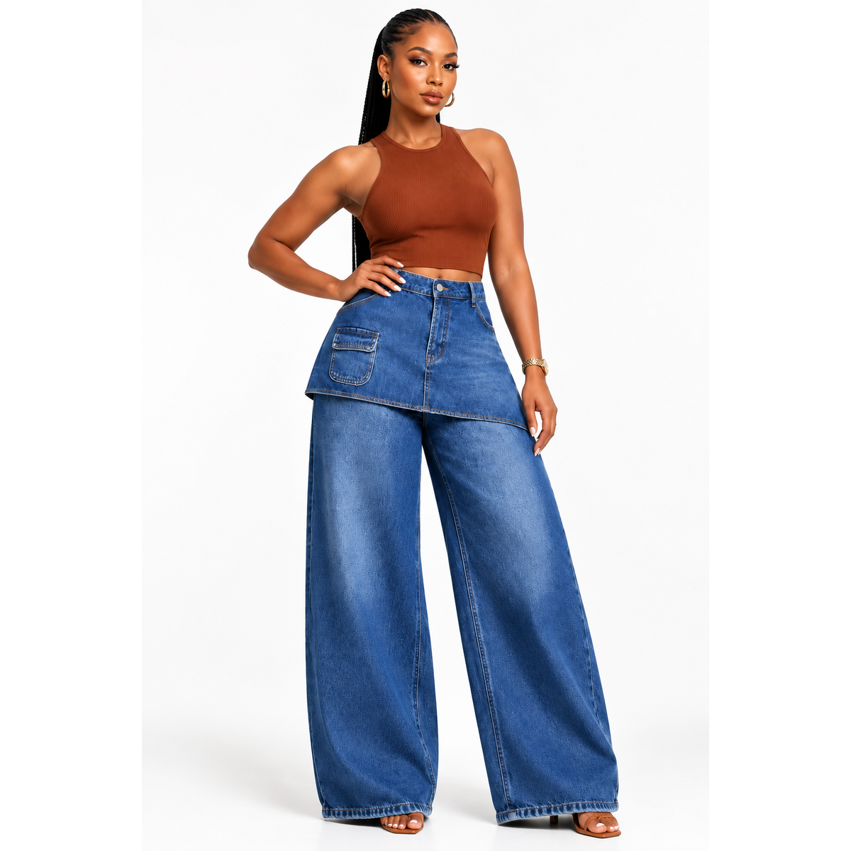Rendy High-Waisted Barrel Jeans with Faux-Skirt Overlay