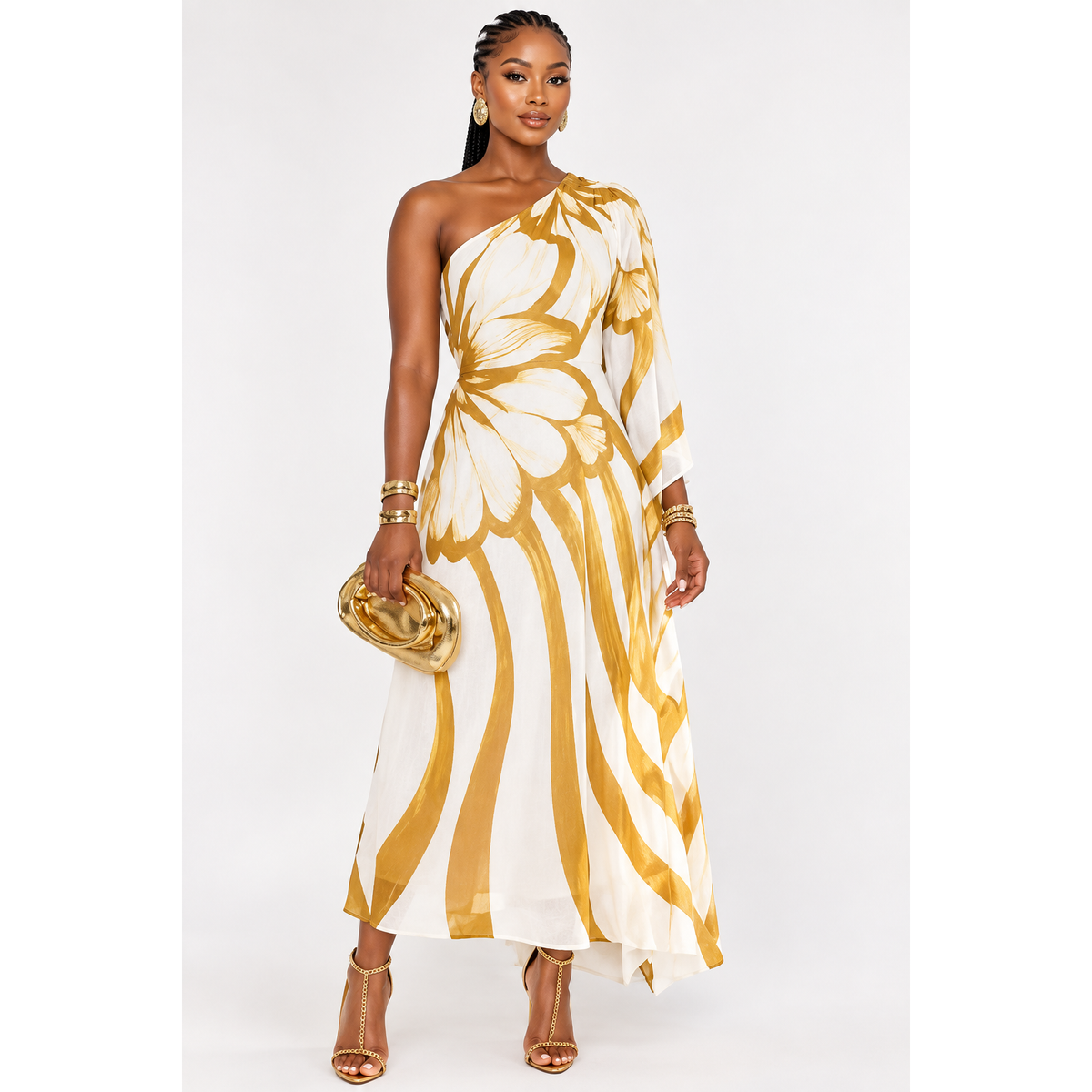 One-Shoulder Ruched Dress with Batwing Sleeves