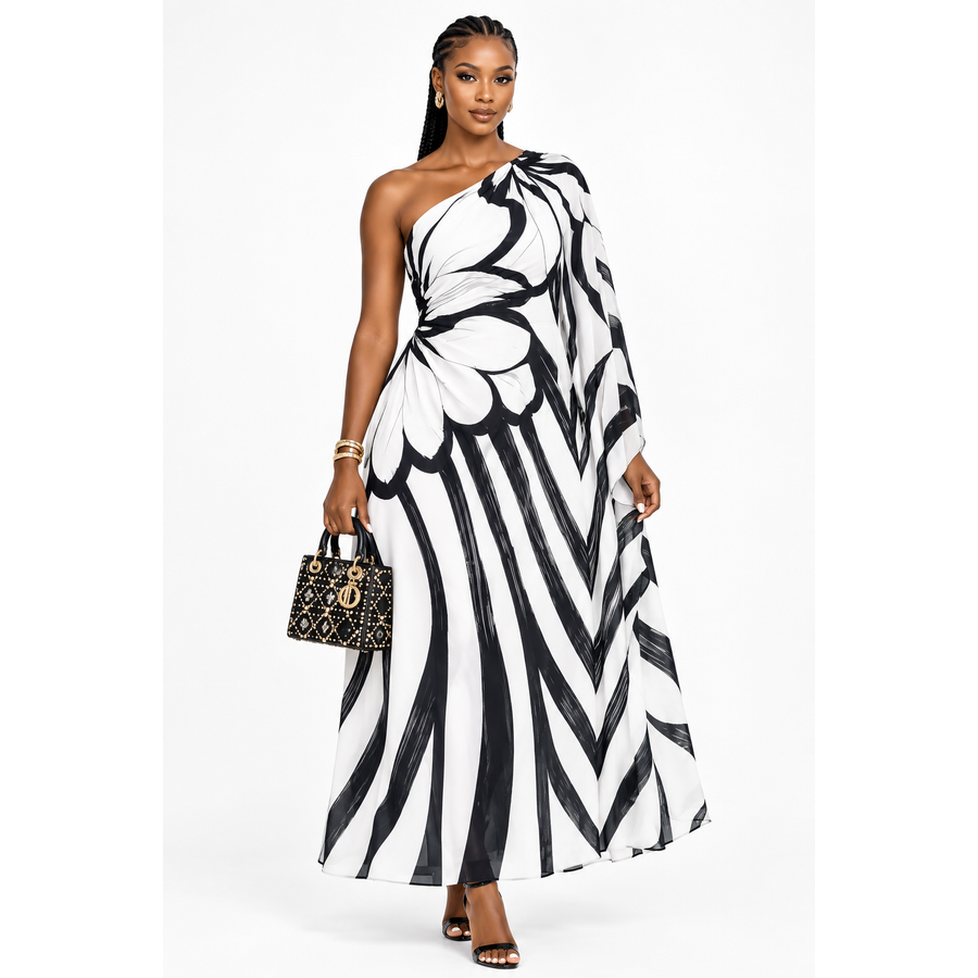 One-Shoulder Ruched Dress with Batwing Sleeves