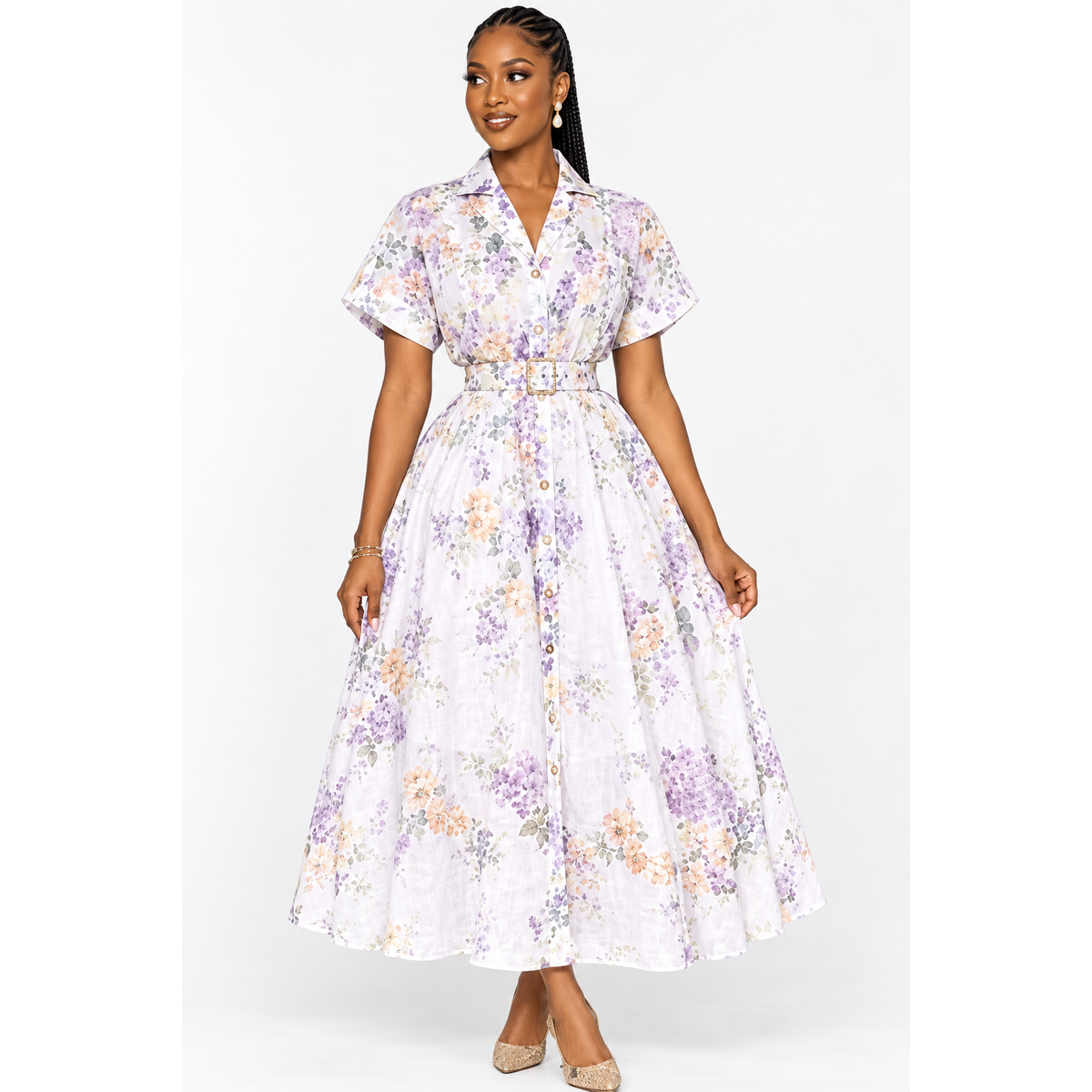 Floral Button-Front Short Sleeve Midi Shirt Dress