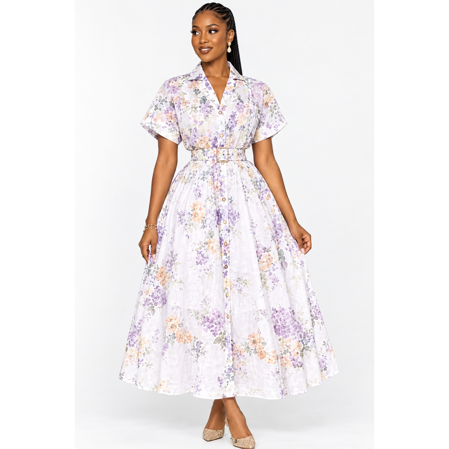 Floral Button-Front Short Sleeve Midi Shirt Dress
