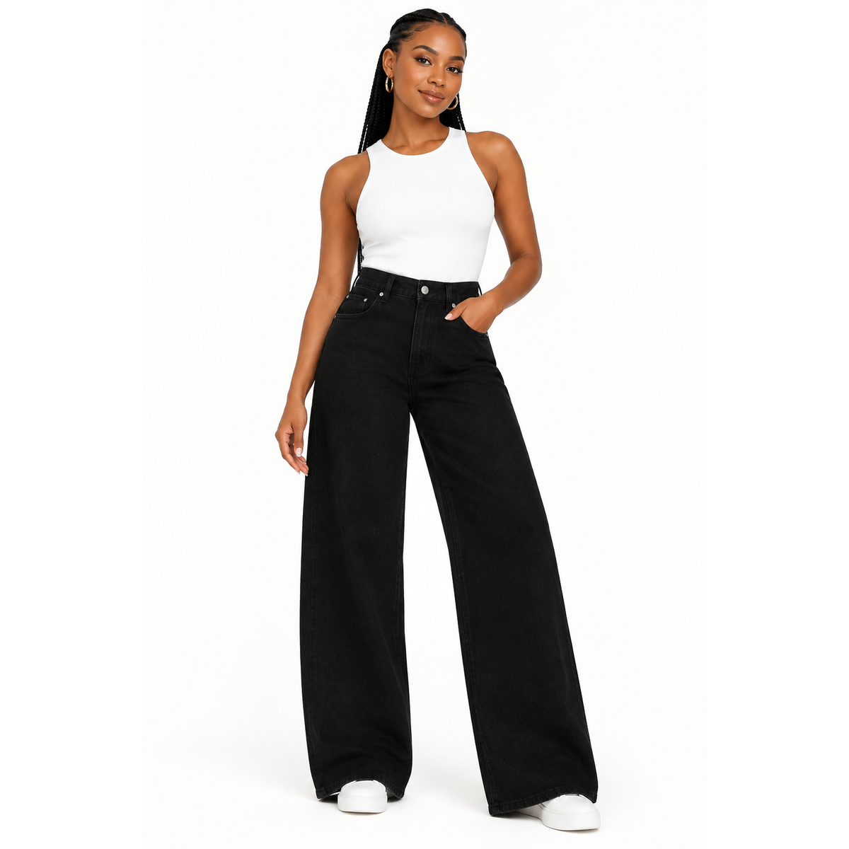 Black High-Waist Wide-Leg Denim Jeans