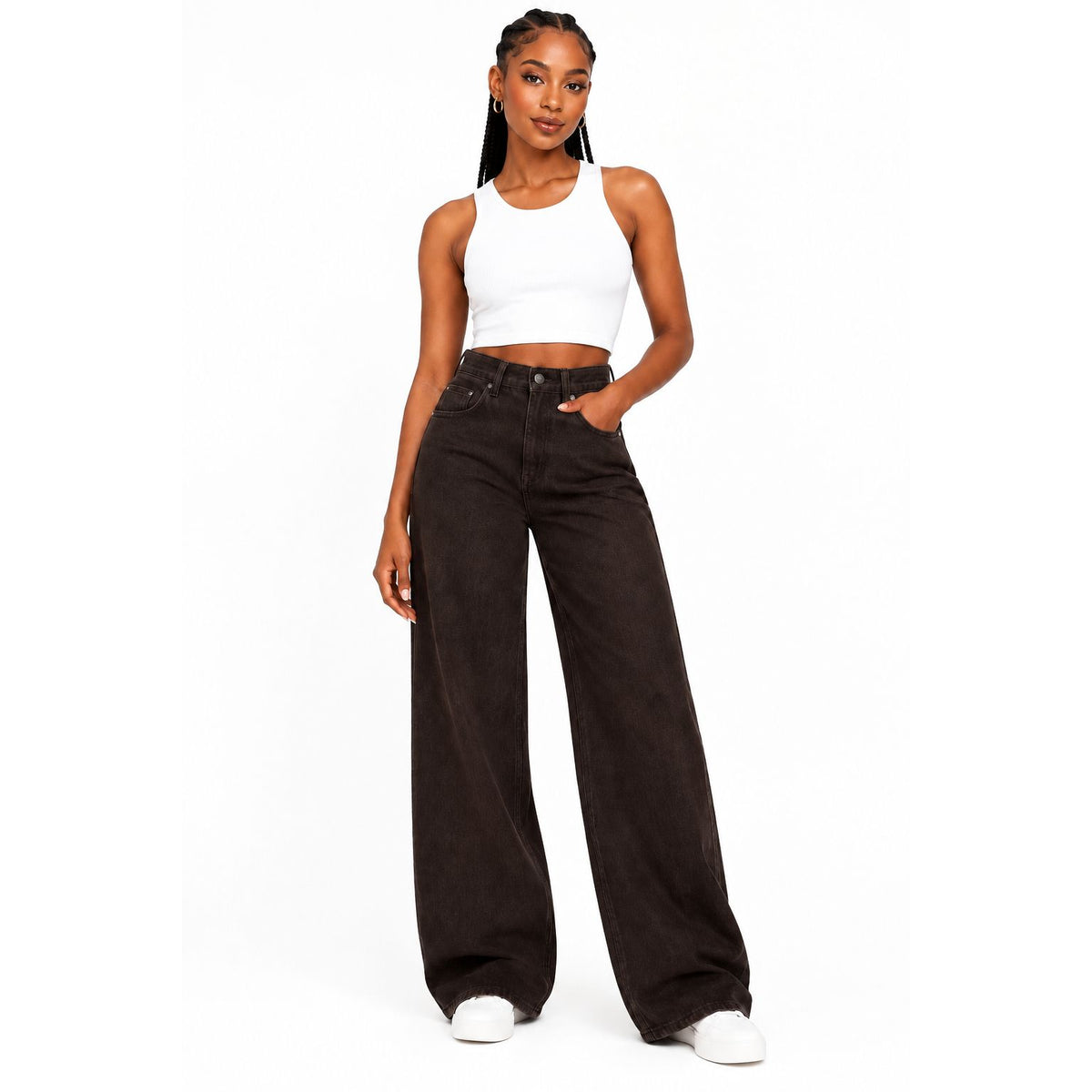 Brown High-Waisted Wide-Leg Denim Jeans
